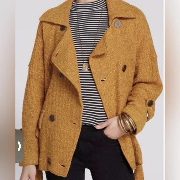Free People Mustard Textured Knit Belted Jacket Coat Size Medium Boho