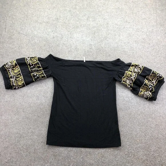 Free People Blouse Womens Small Black Embroidered Off Shoulder Balloon Sleeve
