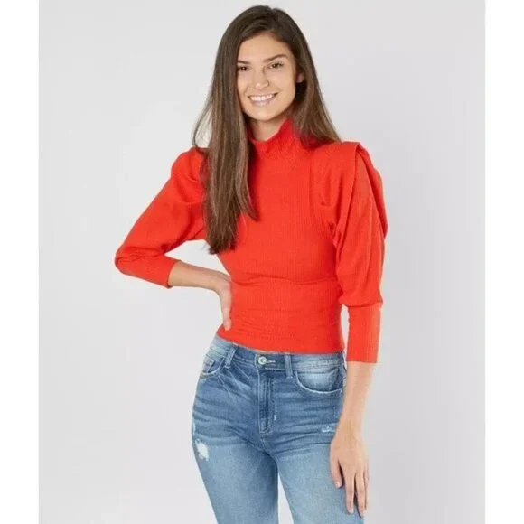Free People Ribbed Orange Lala Puffed Sleeve Turtleneck Size L