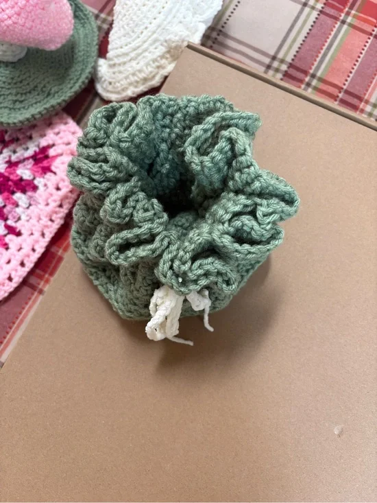 Handmade Green Crochet Drawstring Cosmetic Bag by