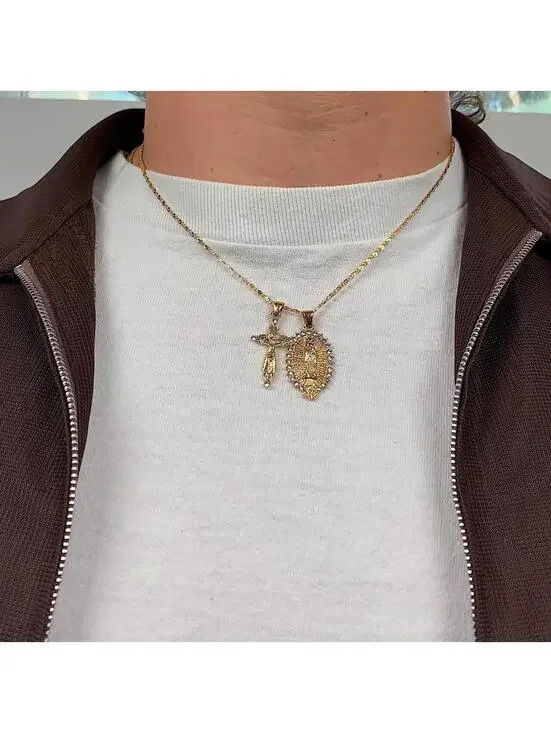 Stainless steel Vintage y2k style gold diamond Cross Saint Marry pendant