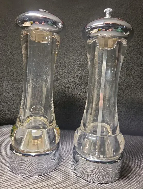Vntg Old Thompson Salt Shaker And Pepper Mill 8 Inches Tall Glass