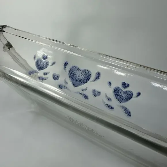 Vtg 90s RARE Blue Hearts 8x11 Glass Baking Dish Cake Pan Anchor Hocking Cottage