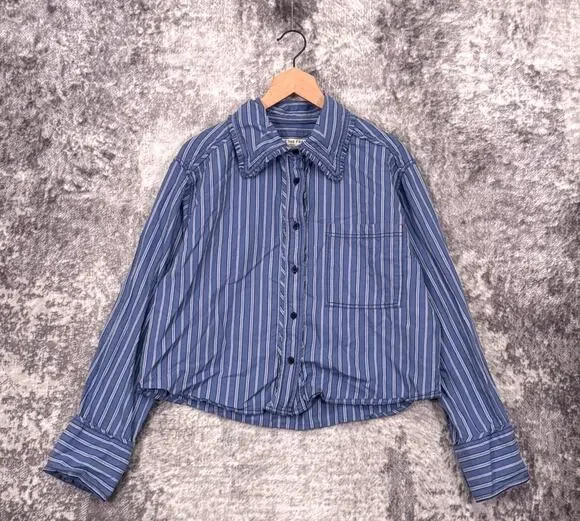 Free People Top Large Womens Moxley Striped Cropped Button Shirt