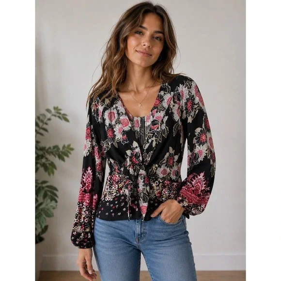 Free People Blouse Womans M Run Free Satin Tie Waist Tunic Black Combo Boho