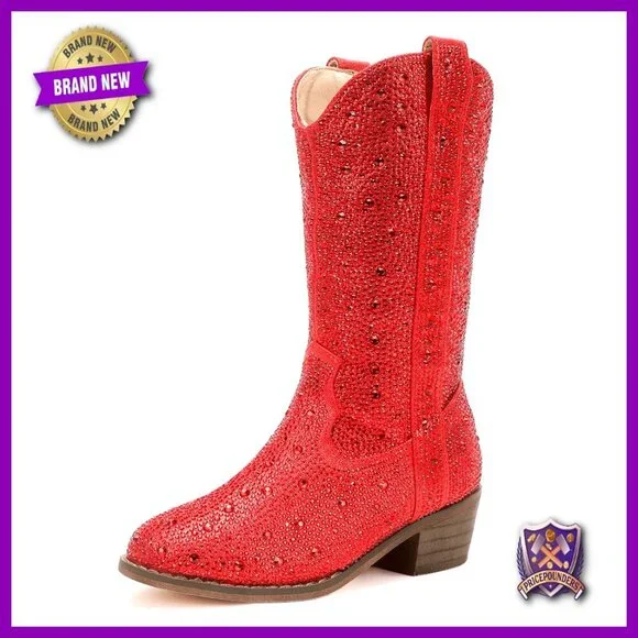 Rhinestone Sparkly Cowgirl Boots Mid Calf Round Toe Western Riding Boots