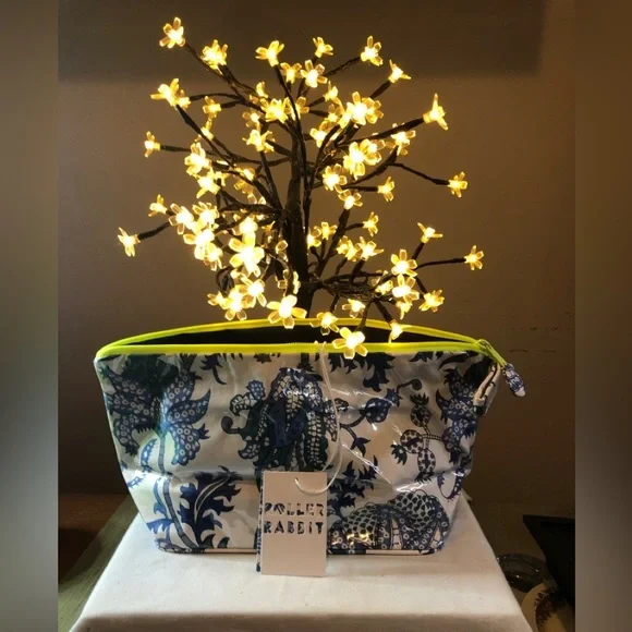 Roberta Roller Rabbit Blue and White Floral Cosmetic Bag with Neon Yellow Trim