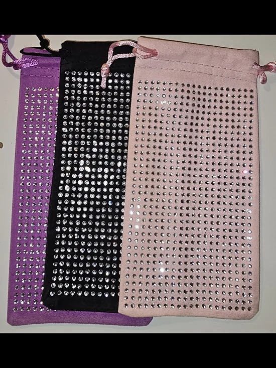 Rhinestone Drawstring Velvet Glassss Pouch - Pink, Black And Purple