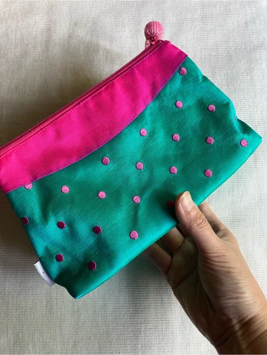 Vintage Jazzd Silk Pink and Teal Polka Dot Zip Pouch Small Bag