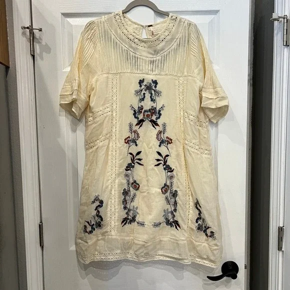 Free People Tunic Dress Cotton Gauze Embroidered Lace Cream Boho  Cottagecore L