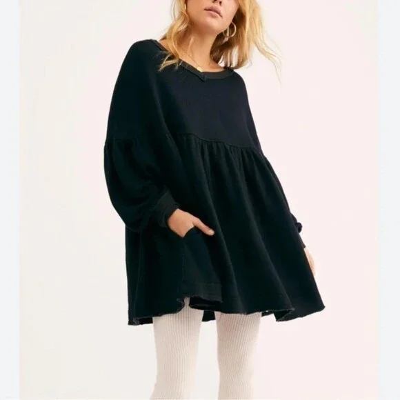 Free People Prudence Size Large Black Pullover Sweatshirt Babydoll Tunic Dress