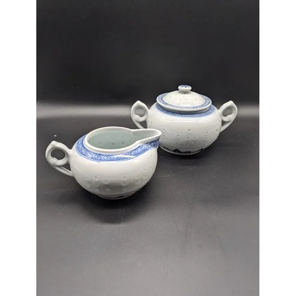 Vintage Jingdezhen Rice Grain Sugar‎ Creamer Set Chrysanthemum Porcelain Tea