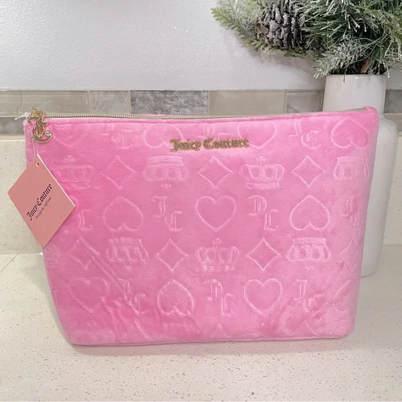 NEW Juicy Couture Pink Velour Debossed Logo Makeup Bag‎ Cosmetic Pouch