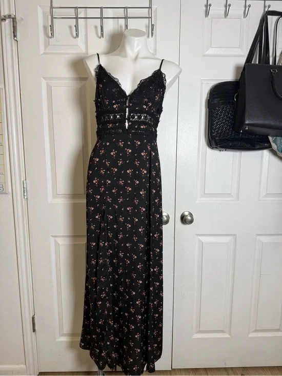Free People Black Maxi Dress with Pink Floral Print