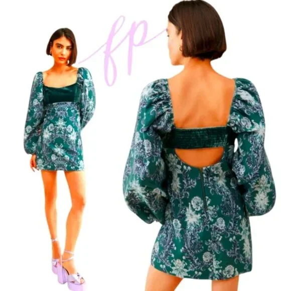 EUC Free People Lauren Green Floral Velvet & Tapesty Holiday Mini Dress