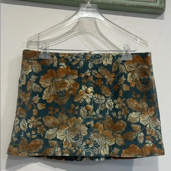 Free People Velvet Emerald Gold Floral button front Mini Skirt size 12 women’s
