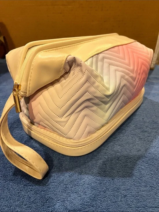 Quilted Chevron Pastel Ombre Travel Cosmetic Bag - Cream Pink