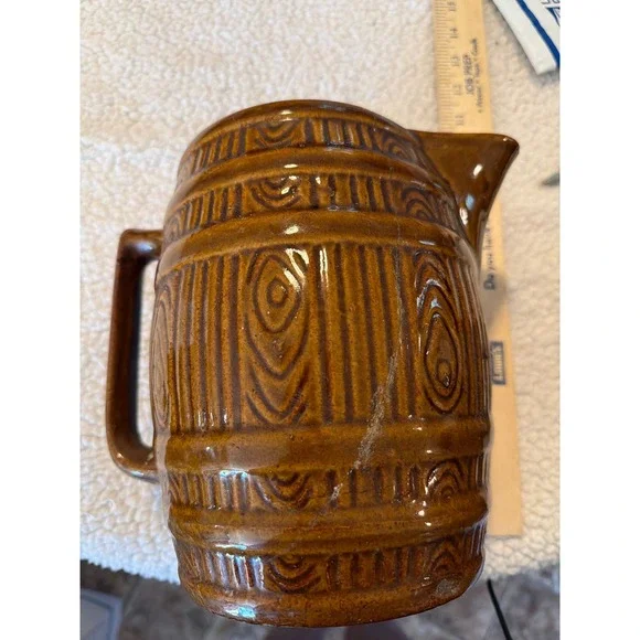 Vintage Brown Ceramic Barrel Pitcher‎ Faux Bois Wood Grain Rustic Stoneware Jug