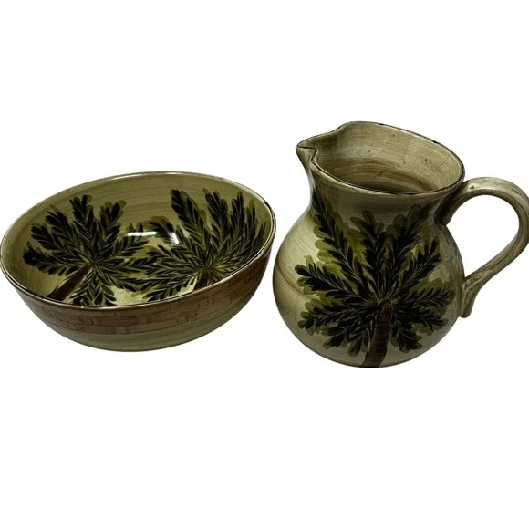 Emerald Bay Tabletops Unlimited Palm Tree‎ Ceramic Pitcher/Bowl Set Hand Painted