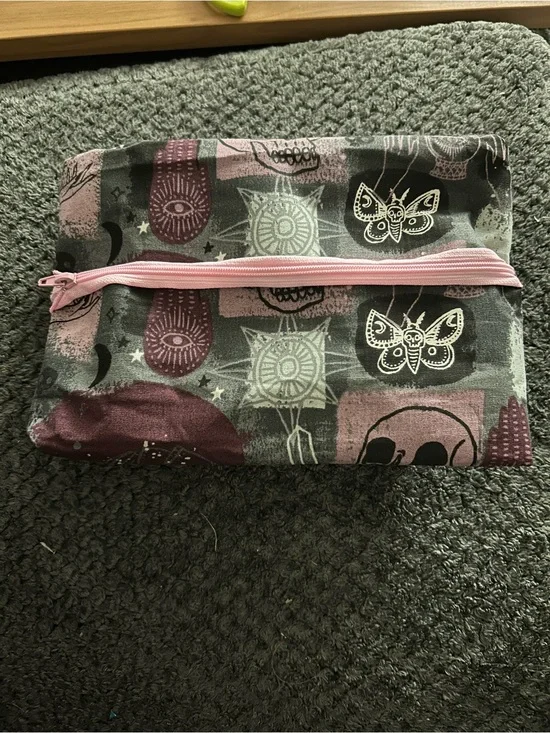Hand Crafted Gray and Pink Gothic Butterfly Cosmetic Bag