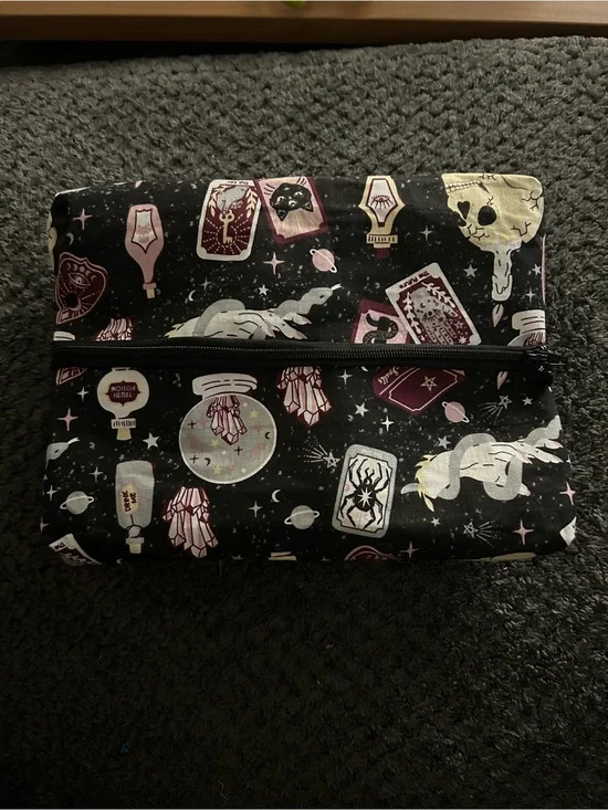 Hand Crafted Black Witchy Tarot Cosmetic Pouch with Pink Accents