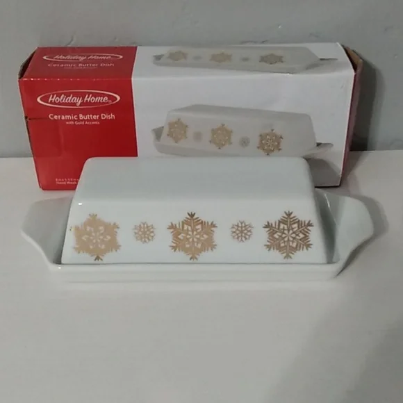 Holiday home‎ ceramic butter dish w/ gold accents
