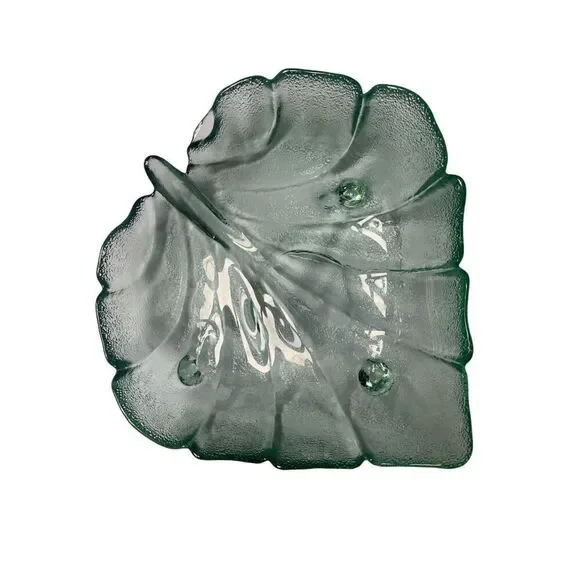 VTG MCM RETRO DEPRESSION GREEN LEAF FOOTED large GLASS BOWL DISH ART DECOR