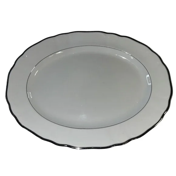 Silver Sonata Fine China Oval Serving Platter Scalloped Silver Trim Japan 3633