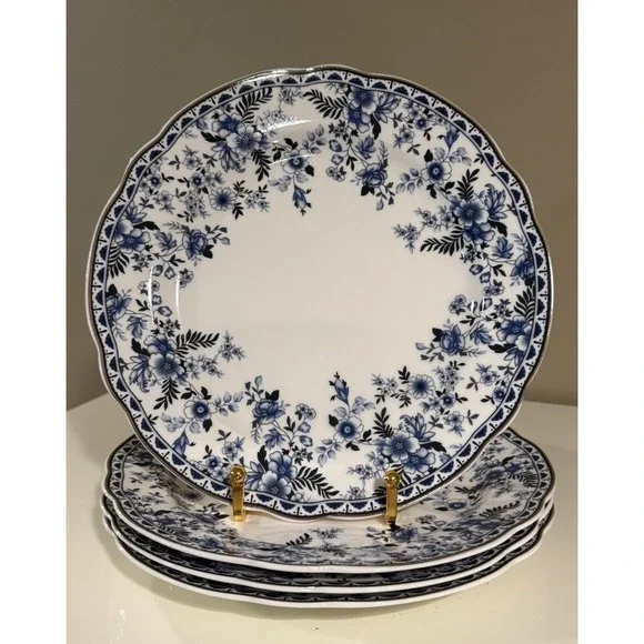 Grace Teaware Fine Porcelain Salad Plates 8in Blue Floral Set of 4 NEW Scalloped