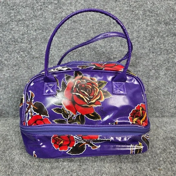 Sailor Jerry women's Bag Make up Case Purple flowers skulls pin up VTG y2k