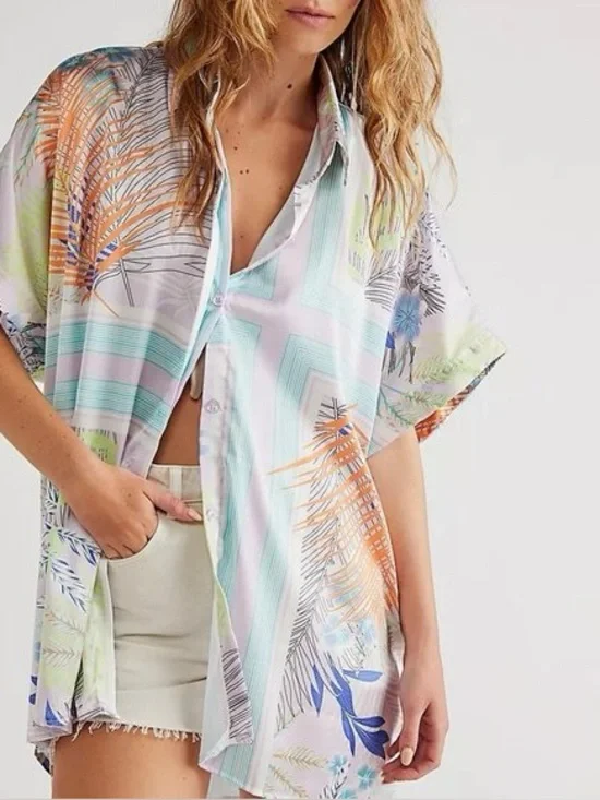 Free People Island Time tropical kimono Oversized Beach coverup one size satin