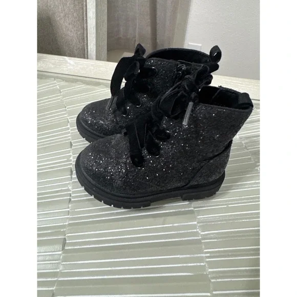 Cat & Jack Girls Black Glitter Combat Boots Velvet Laces Side Zip Size 7 Toddler