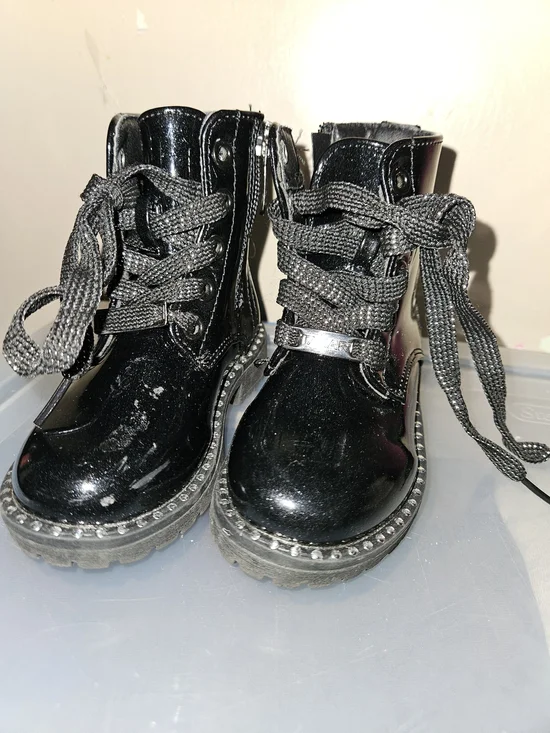 Kids Black Patent Lace-Up Boots