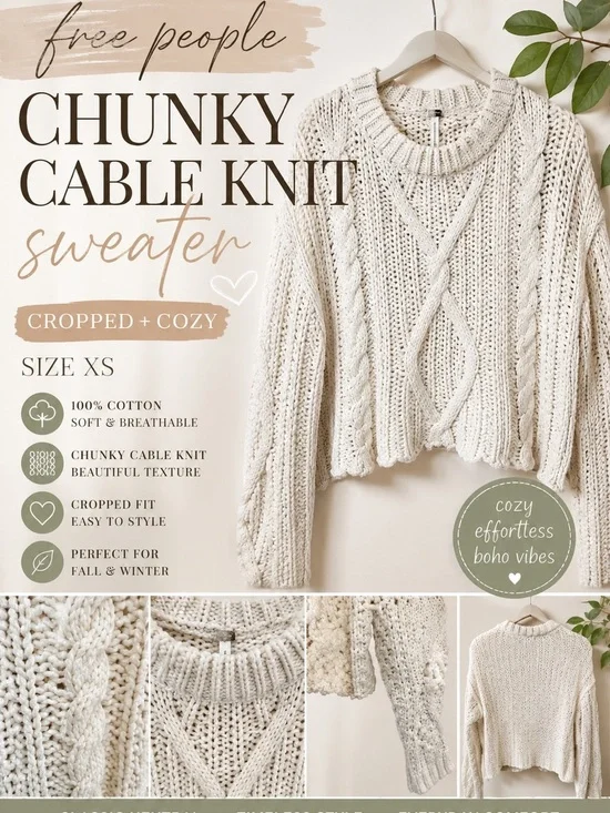 Free People Cream Chunky Cable Knit Cropped Sweater Size XS