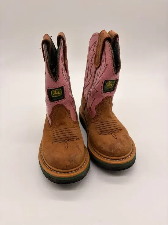 John Deere Johnny Popper Western Boots Boys Girls Cowboy Pink Pull On Size 8.5 C