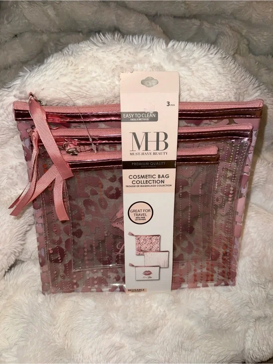 3pc cosmetic bag collection. Three sizes with zippers, plastic easy to clean.