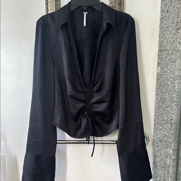 Free People Black Ruched Button-Down Long Sleeve Top