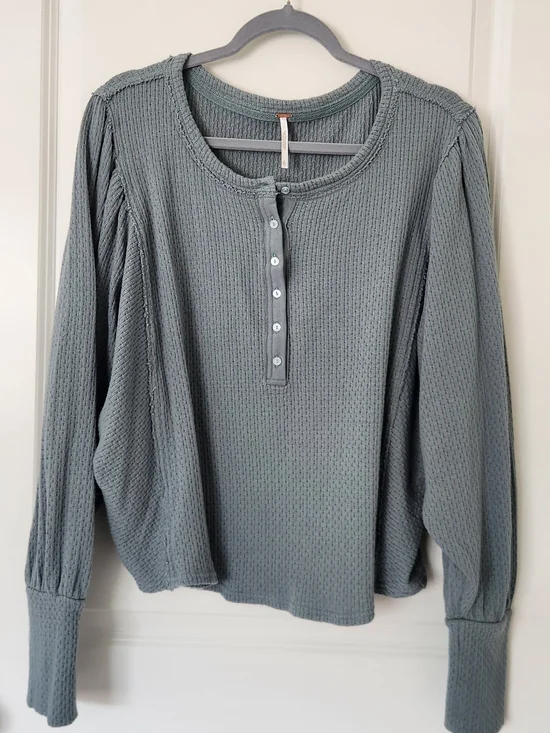 Free People Slate Green Waffle Henley Long Sleeve