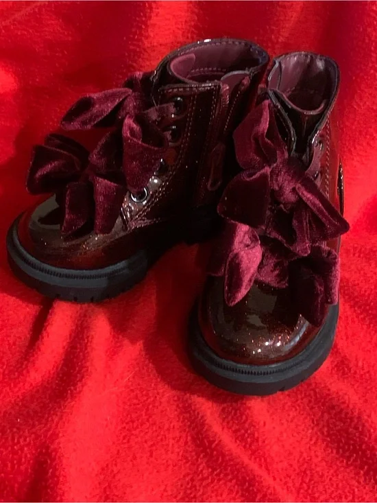 Burgundy Patent Velvet Bow Combat Boots