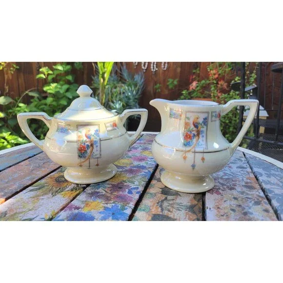Art Deco Royal Rochester Bird of Paradise Creamer and Sugar Set, Platinum Trim