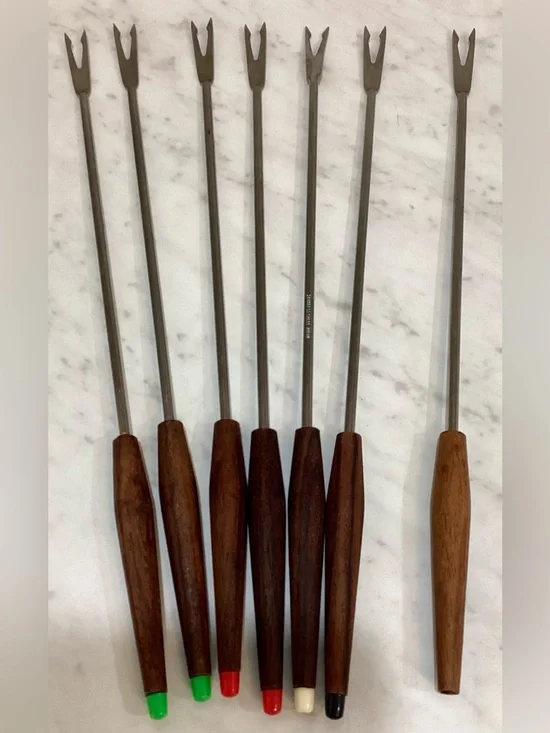 Vintage MCM Fondue Forks Set of 6 + 1 Bonus Extra Teak Wood Stainless Japan