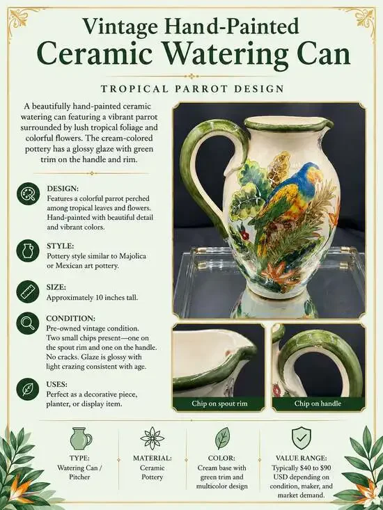 Vintage Hand-Painted Ceramic Watering Can Pitcher with Tropical Parrot Design