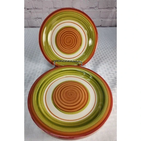 Set of 4 Pier 1 Valencia Salad Dessert Bread Plates Orange Green Swirl Stoneware