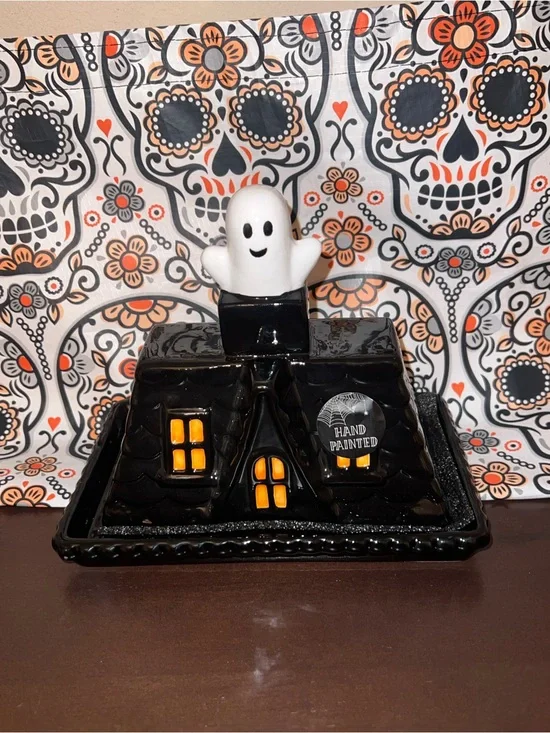 Black Halloween Haunted House Ghost Butter Dish