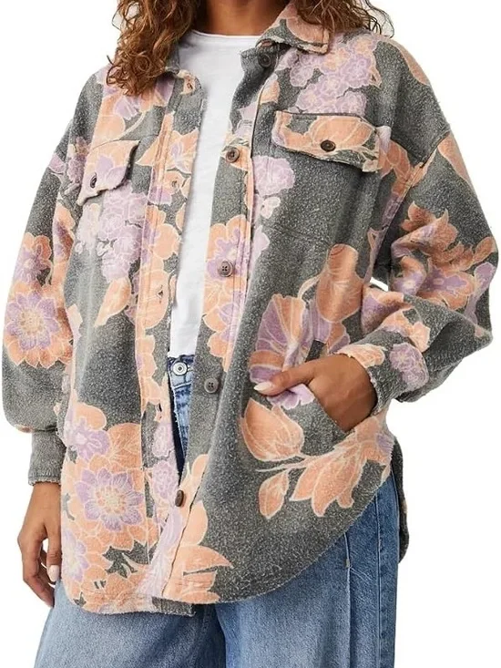 Free People Floral Button-Front Shacket in Gray, Peach & Lavender