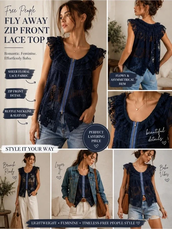 Free People Navy Blue Sheer Lace Zip-Front Ruffle Cami XS