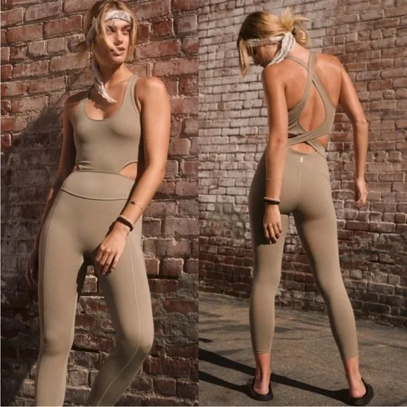Free People FP movement Back It Up Sage Onesie Jumpsuit Size extra small tan