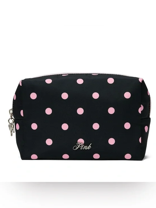 PINK Victoria's Secret Black Cosmetic Bag with Pink Polka Dots