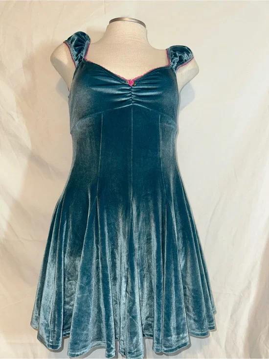 Free People Teal Velvet Mini Dress with Pink Trim