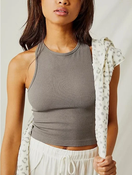 Free People Hayley Racerback Brami Ribbed High-Neck Crop Tank Top - Gray M/L